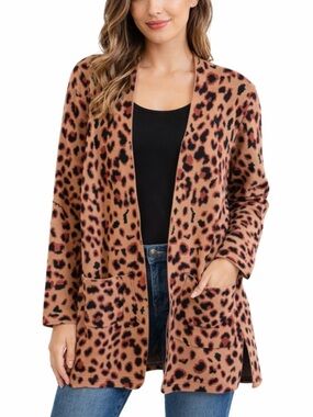 Rachel Zoe Leopard Print Open Front Cardigan Sweater Women’s M Tan Brown Pockets